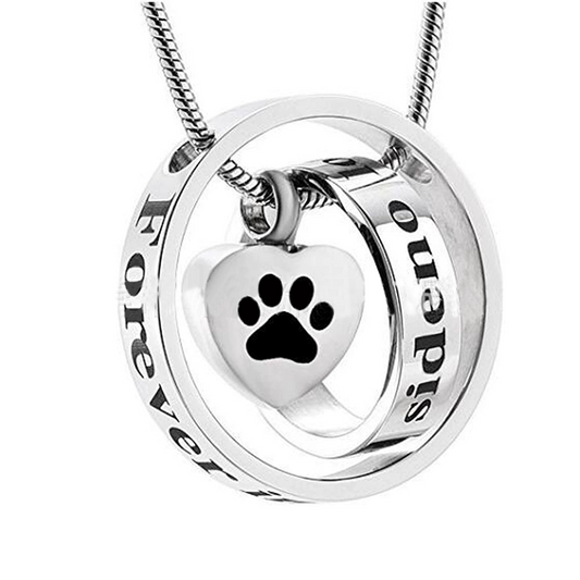 Heart-shaped urn necklace with pawprint memorial design