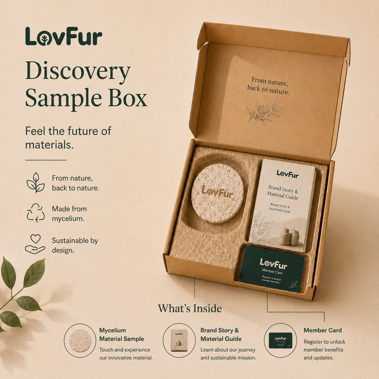 LovFur Discovery Sample Box with mycelium material sample, brand guide, and member card