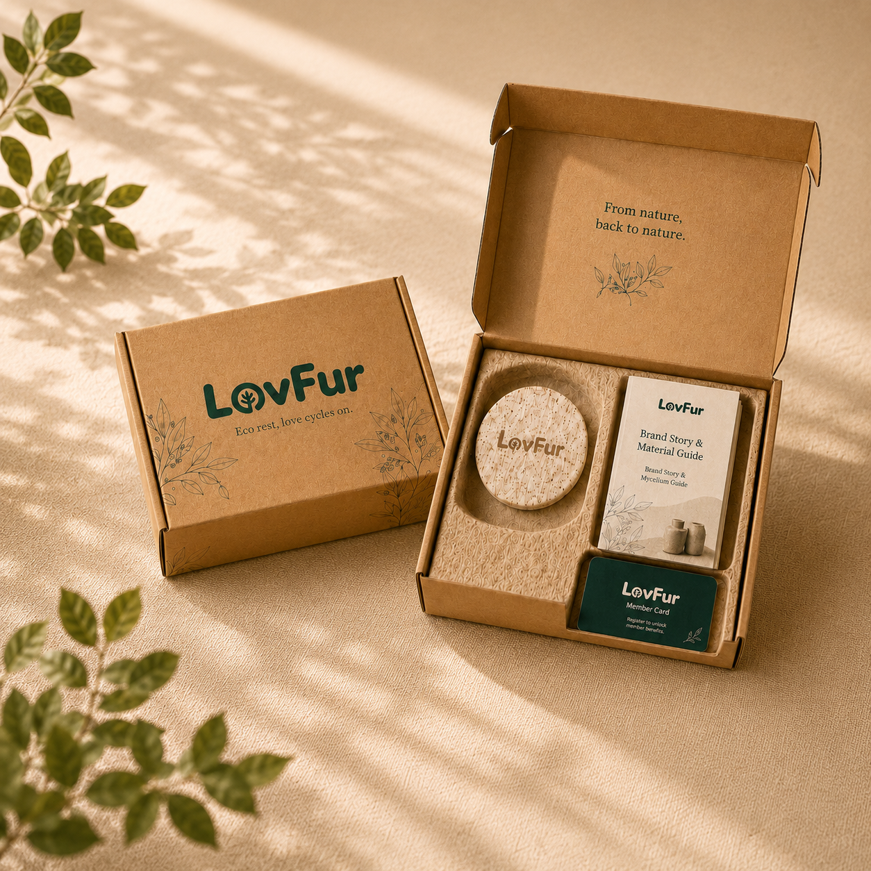 LovFur mycelium discovery sample box with material sample, brand guide, and member card