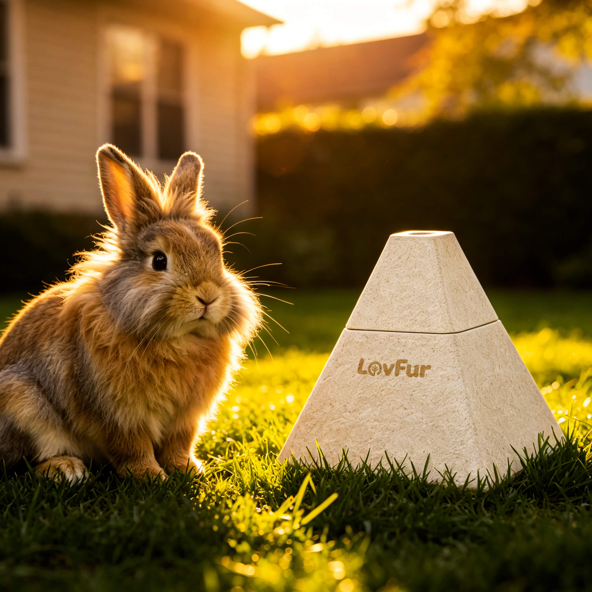 LovFur™ pyramid mycelium pet urn placed in a sunny garden beside a rabbit, a biodegradable pet memorial urn for small pets.