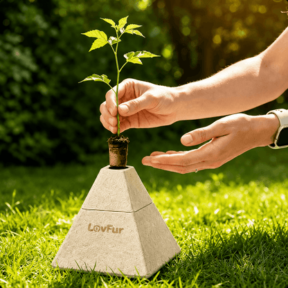 LovFur™ pyramid mycelium pet urn with a seedling being planted, a biodegradable pet memorial urn symbolizing love, renewal, and return to nature.