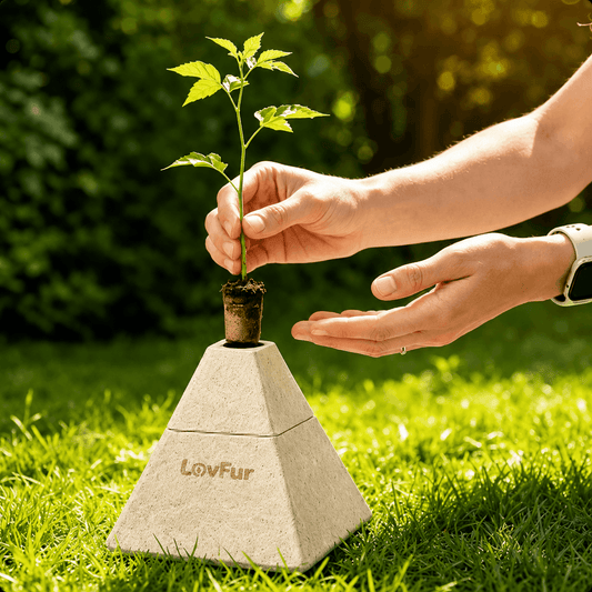 LovFur™ pyramid mycelium pet urn with a seedling being planted, a biodegradable pet memorial urn symbolizing love, renewal, and return to nature.
