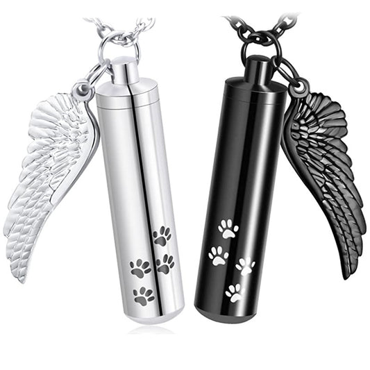 Cylinder Pet Memorial Necklace – Angel Wing & Paw Charm
