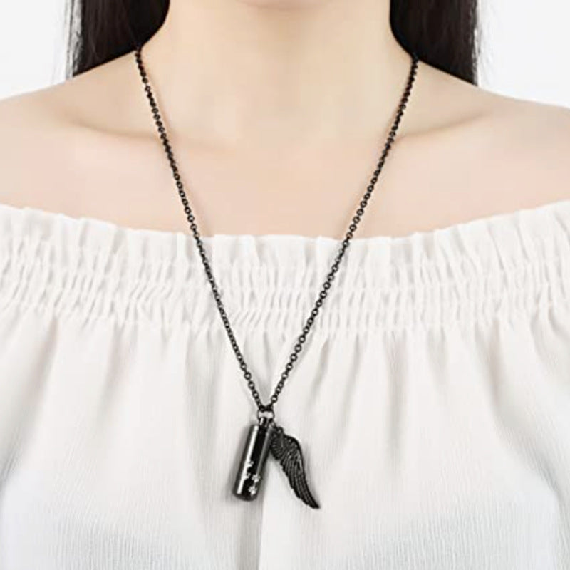 Cylinder Pet Memorial Necklace – Angel Wing & Paw Charm