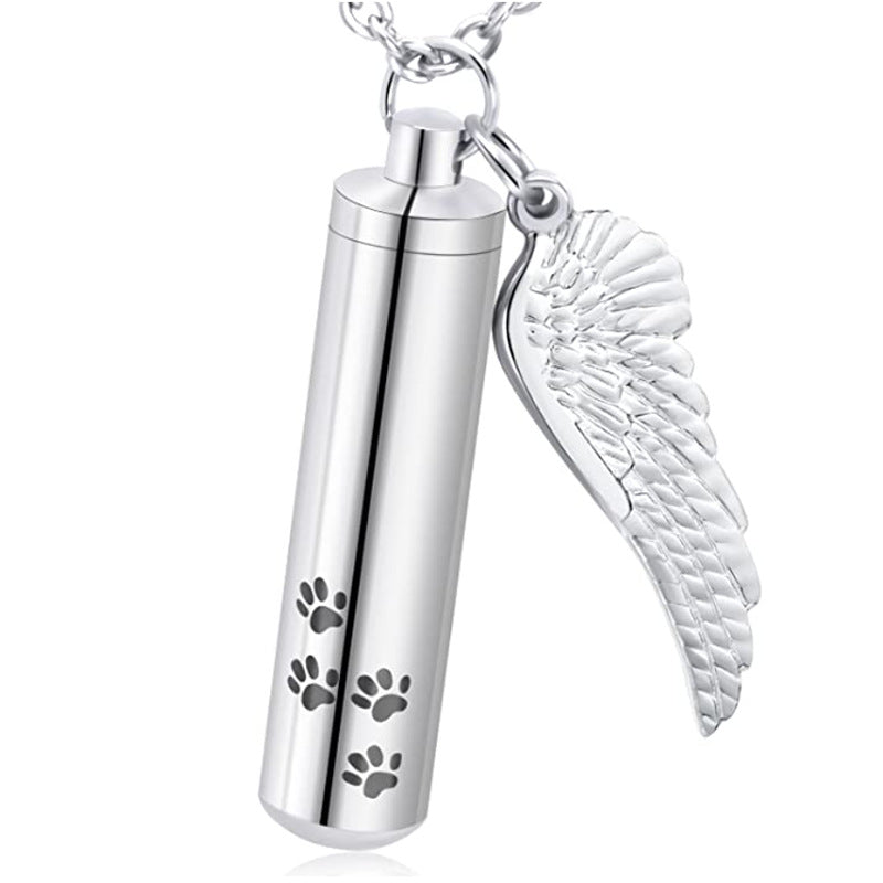 Cylinder Pet Memorial Necklace – Angel Wing & Paw Charm