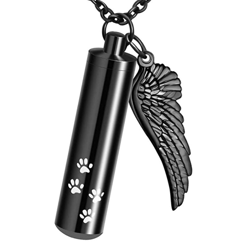 Cylinder Pet Memorial Necklace – Angel Wing & Paw Charm