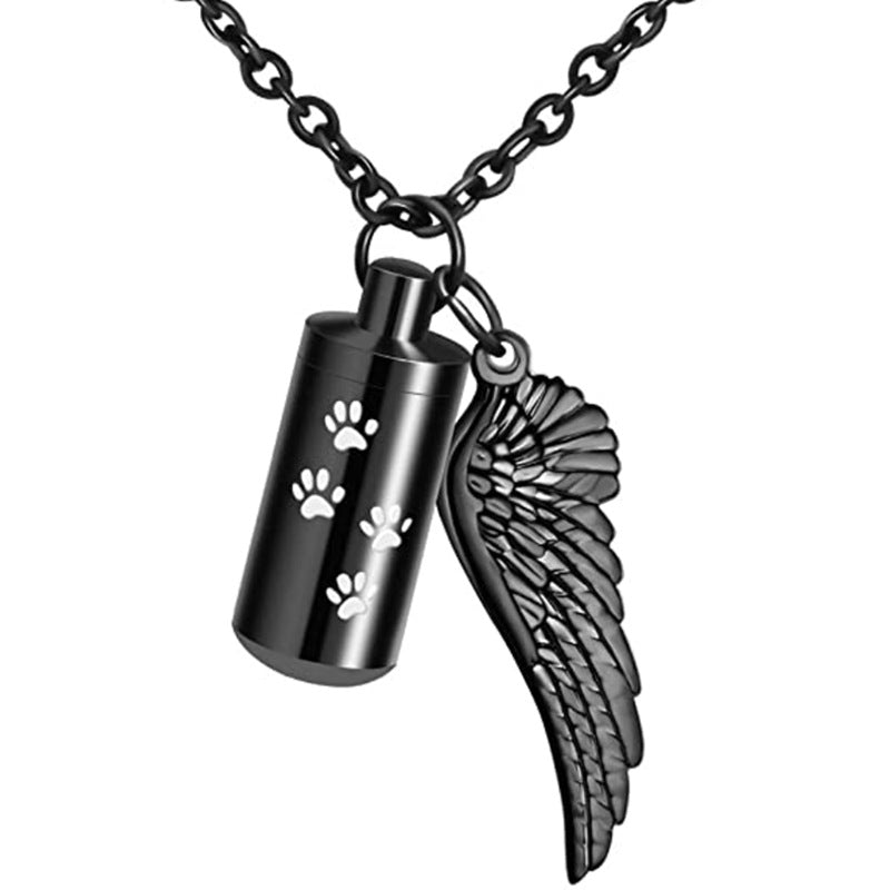 Cylinder Pet Memorial Necklace – Angel Wing & Paw Charm