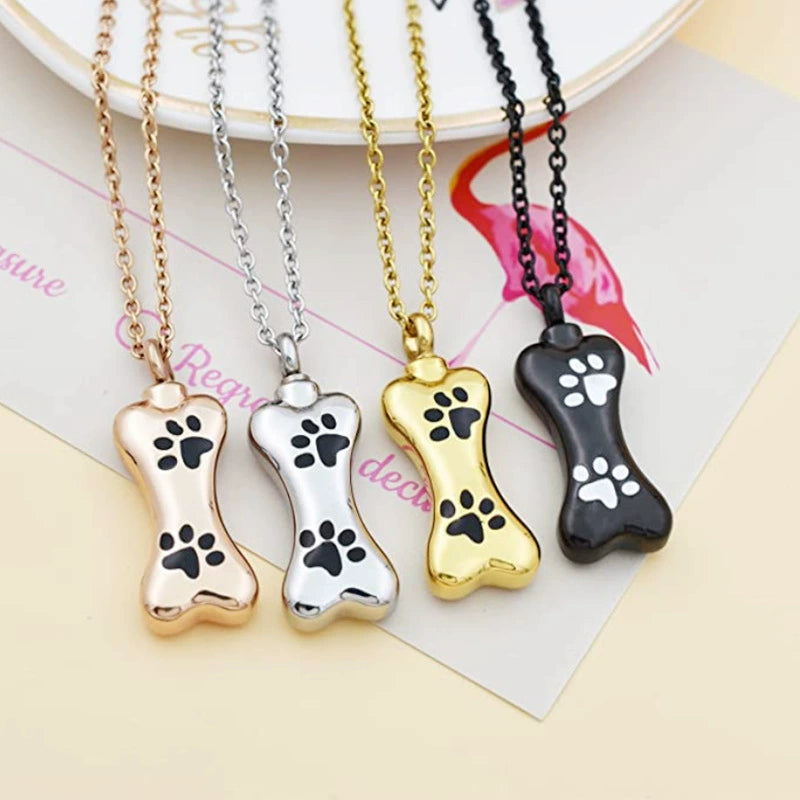 Pet Ashes Necklace – Dog Bone Pendant with Paw Print