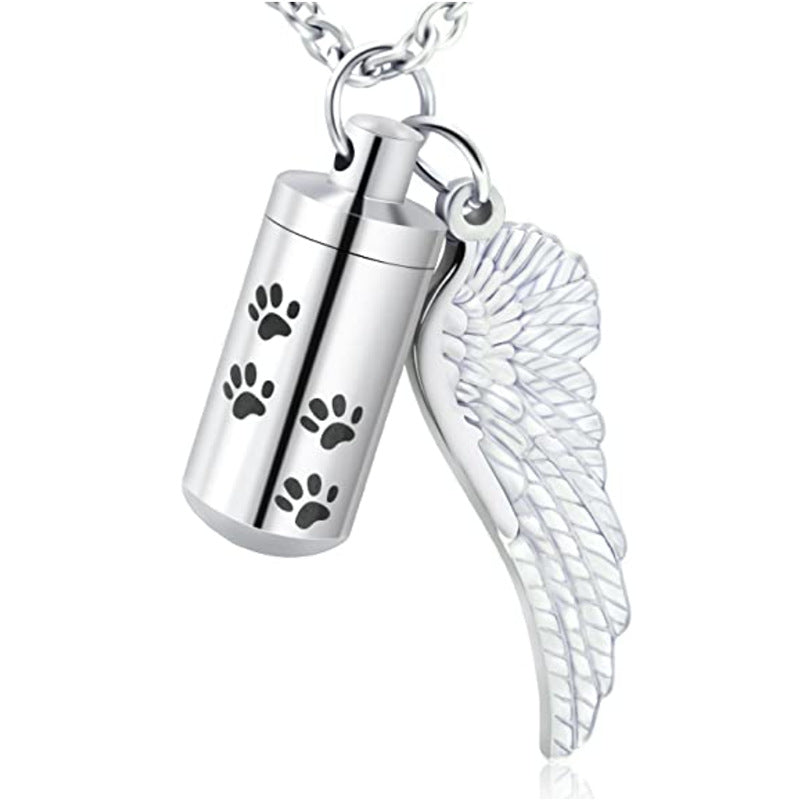 Cylinder Pet Memorial Necklace – Angel Wing & Paw Charm