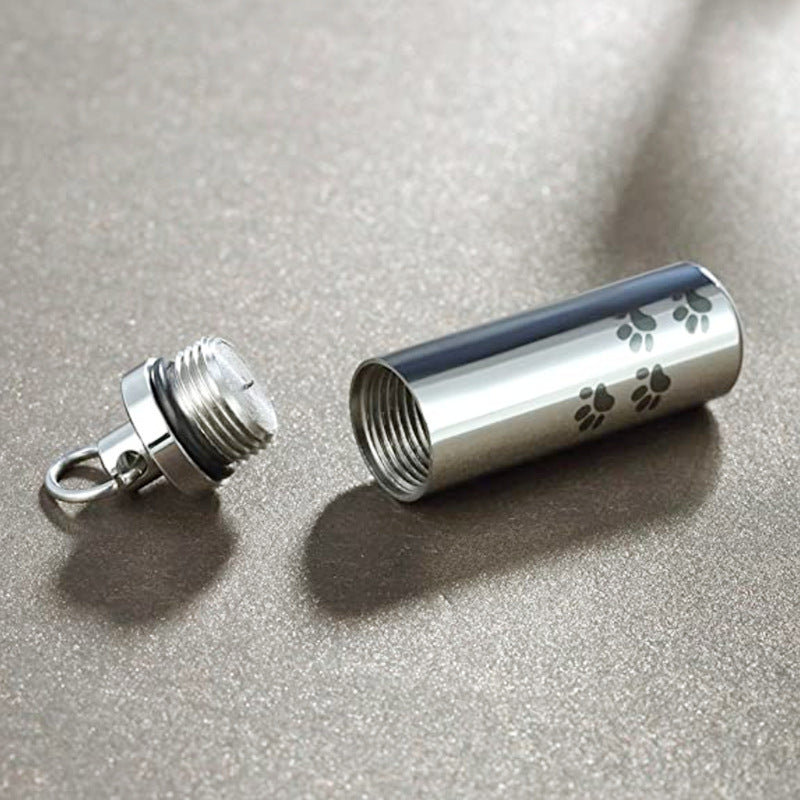 Cylinder Pet Memorial Necklace – Angel Wing & Paw Charm